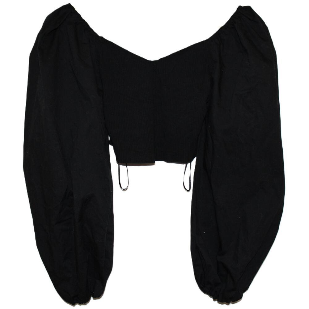Abercrombie & Fitch Black Ribbed Knit Viscose Puff-Sleeved Crop Top Blouse Sz XS